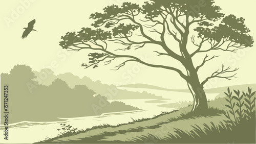 Vector Serene landscape featuring large tree, river, and distant hills, evoking tranquility and nature