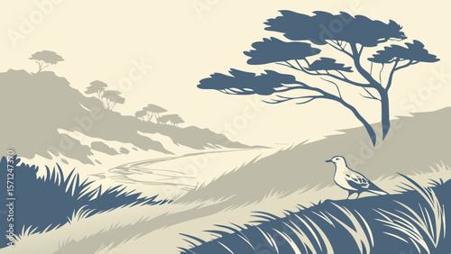 Vector Serene landscape featuring bird standing on grass, with trees and river in background