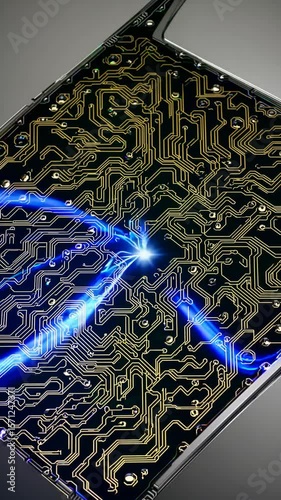 Electric pulses moving through a futuristic circuit board in glowing CPU design - technology background