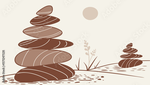 Vector Calm and serene landscape featuring stacked stones, soft colors, and gentle curves