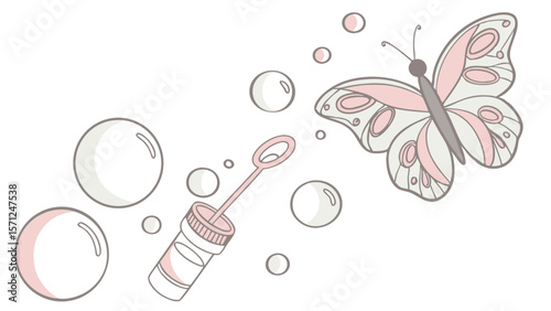 Vector Softly colored translucent bubbles float alongside delicate butterfly, creating whimsical scene
