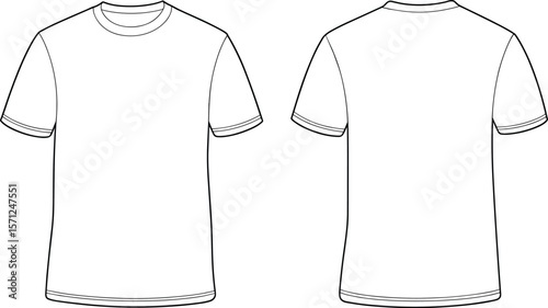 Plain short sleeve t-shirt, front and back view, fashion flat sketch, CAD drawing, vector apparel template, unisex casual wear design