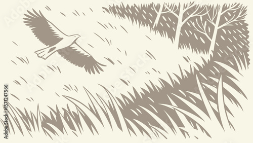 Vector Serene landscape featuring bird flight above tall grass and trees, evoking sense of freedom