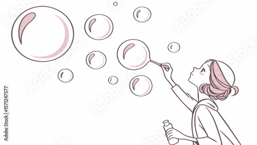 Vector Softly colored translucent bubbles float as girl joyfully blows them, creating whimsical scene