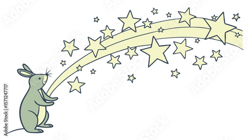 Vector Cute rabbit releases stream of pale yellow stars, creating whimsical scene