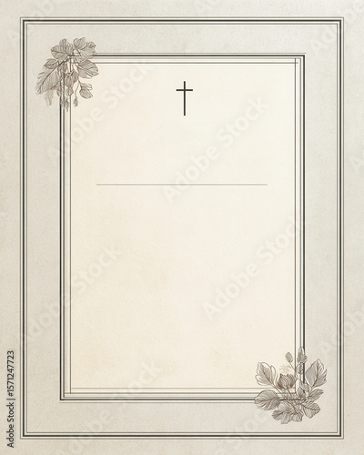 Minimalist Christian funeral template with cross, corner leaves, and blank space for memorial details