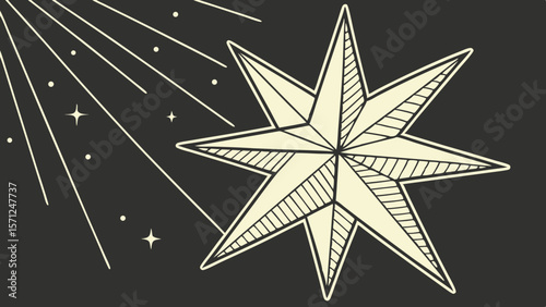 Hand-drawn geometric star with radiating light beams and twinkling stars on dark background, vintage celestial design for spiritual or cosmic themes
