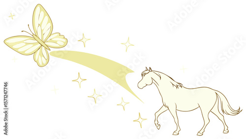 Vector Pale yellow butterfly flutters gracefully towards horse, creating magical scene