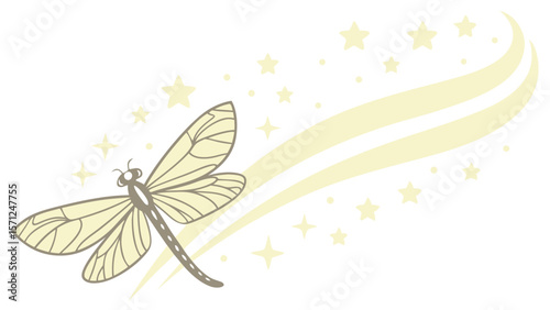 Vector Delicate dragonfly glides gracefully, leaving pale yellow trail of sparkles and stars