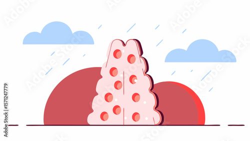 Vector Whimsical illustration of pink structure resembling cake with circular decorations