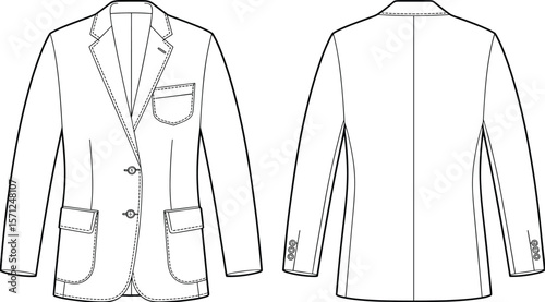 Men’s two-button blazer, front and back view, flap pockets, lapel collar, fashion CAD sketch, vector technical drawing, formal wear