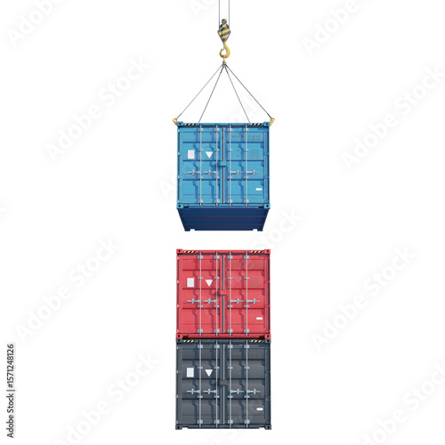 Stacking shipping containers isolated on a transparent background. Front view. 3d illustration.
