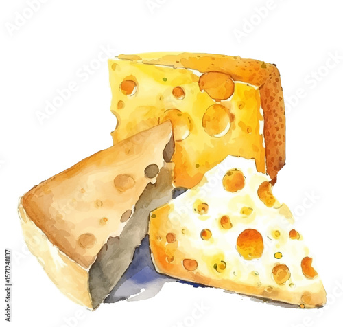 Swiss cheese wedges with characteristic holes vector illustration isolated on white background. Rich yellow and golden tones create a tasty and artistic food element perfect for culinary projects