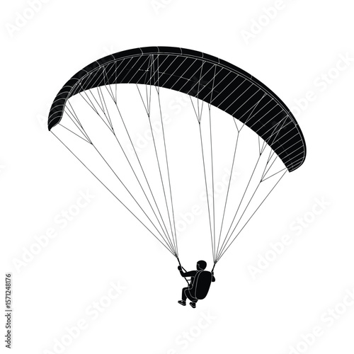 Silhouette of a person paragliding against a white background