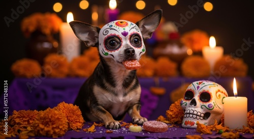 Charming chihuahua dog dressed for Día de los Muertos with sugar skull makeup and decorations
