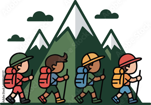 Four children walking and exploring nature with mountain view camping and hiking logo Transparent png vector 