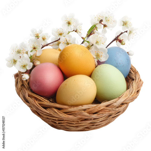 Colorful easter eggs in woven basket with spring blossoms isolated on transparent background