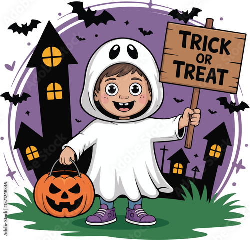 Child holds a pumpkin shaped candy bucket and a "Trick or Treat" sign. Transparent png vector 