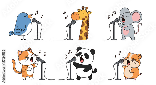 Cute cartoon animals singing together on stage with microphones for a fun performance
