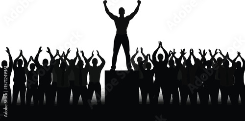 A silhouette of a leader on a podium being celebrated by a crowd, symbolizing success and achievement