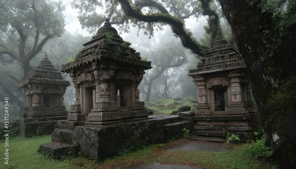 Naklejka premium Ancient stone structures enveloped in mist within a forest setting creating mystique and history