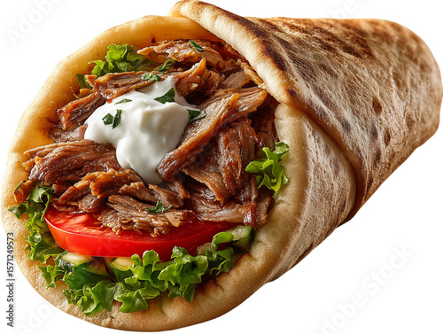 Close-up shot capturing a delicious gyros, featuring seasoned meat, fresh tomato, lettuce, and a creamy sauce, all wrapped in a warm pita bread. isolated on a white background
