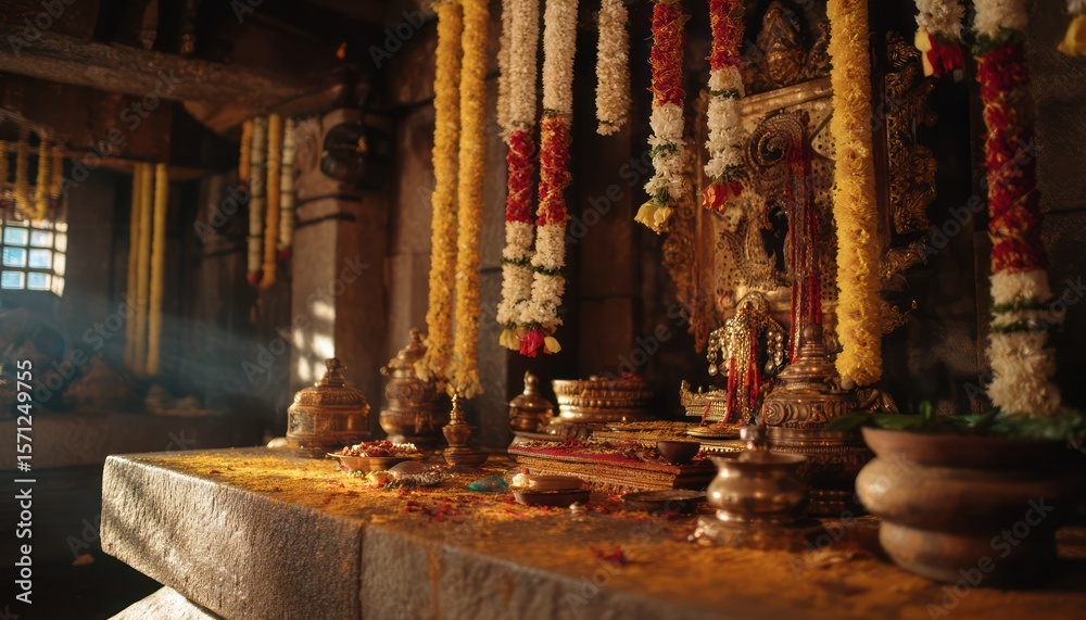 Fototapeta premium Sacred space adorned with floral garlands and intricate decor, embodying tranquility and reverence