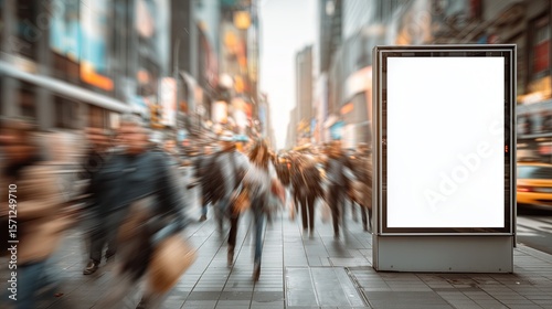 Fototapeta Naklejka Na Ścianę i Meble -  A blank digital billboard stands in a busy urban area with blurred pedestrians and tall buildings in the background. The scene captures the fast-paced nature of city life.