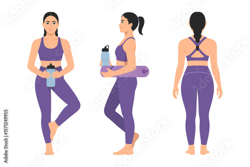Women in yoga poses, fitness exercise, healthy lifestyle, workout outfit, sports activity, modern vector illustration