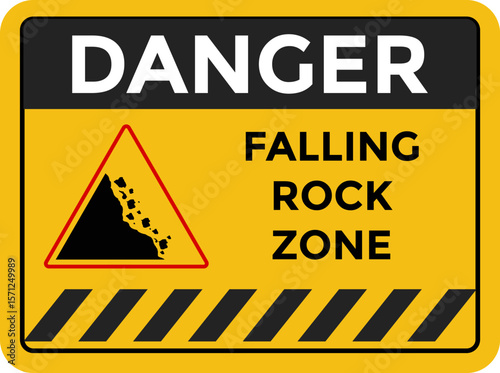 ArDanger Falling Rock Zone Sign. Danger Signs. Warning road sign falling stones. Yellow triangle signs. Road sign Caution landslide
