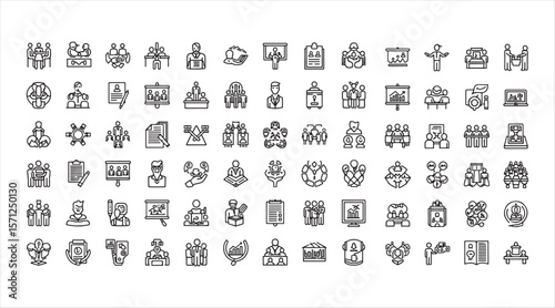 Workshop-themed icons showcasing collaboration, discussions, and training sessions in a clean outline style.