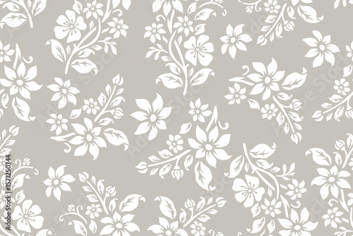 Wallpaper Mural Seamless floral wallpaper. Decorative vintage pattern in classic style with flowers and twigs. Two tone ornament with white peony silhouette on gray background Torontodigital.ca