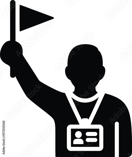 A tour guide is holding a flag and wearing a badge, ready to lead a group