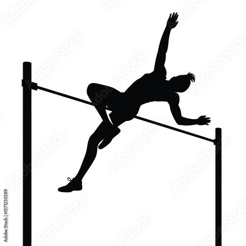 Athlete silhouette clearing high jump bar during track and field competition