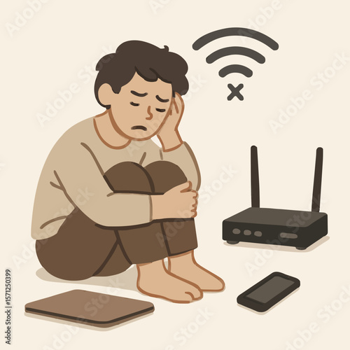 Cartoon depicting frustration and despair over internet connectivity issues, with a laptop and smartphone showing weak signal, buffering, and outage. Perfect for tech support, troubleshooting, and net