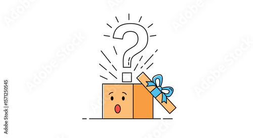 Open surprise gift box with question mark illustration of unexpected discovery event