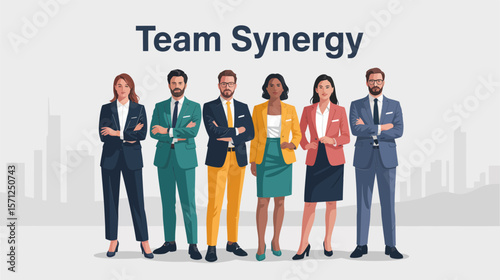 Team synergy concept, business group, corporate teamwork, professional staff, office collaboration, modern vector illustration