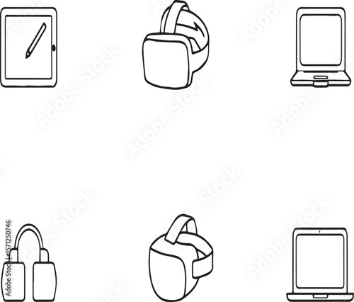 Six minimalist line drawings of technology devices on a white background with soft shadows cast below