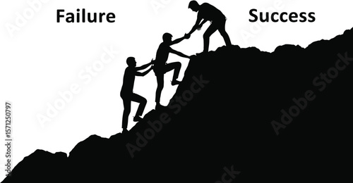 Teamwork is shown as people climb a mountain from failure to success with mutual support