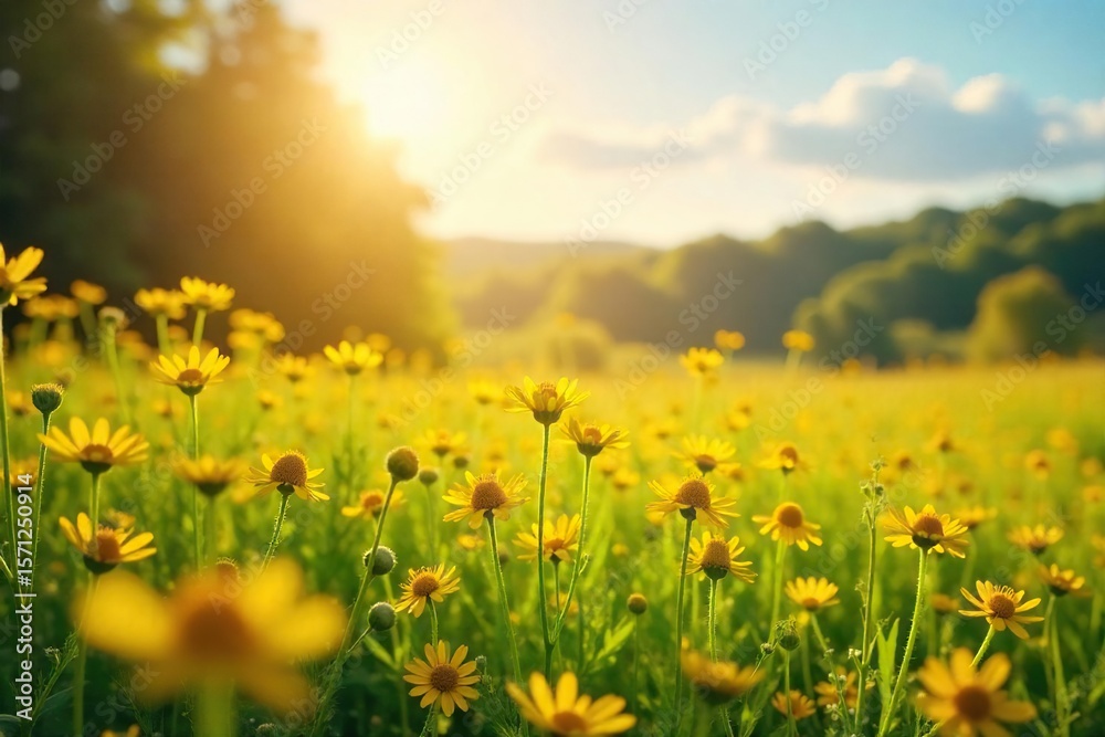 Obraz premium Golden Wildflowers Swaying Gently in a Sun-Drenched Meadow A Tranquil Summer Scene of Natural Beauty, Perfect for Idyllic Backgrounds and Peaceful Imagery