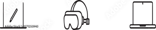 Illustration of two laptops and a vr headset arranged horizontally on a plain white background