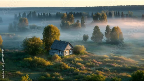 An isolated wooden cabin in a foggy valley with moving mist, a slow zoom out on a peaceful morning.