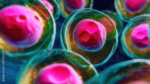 Microscopic view of vibrant human cells showcasing intricate structures and colors, highlighting beauty of biological research and cellular activity