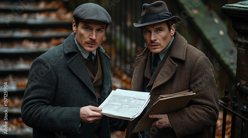 Two men in 1920s attire, holding newspapers, urban setting, autumnal leaves