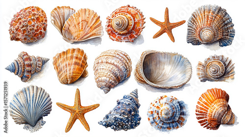 Watercolor Seashell Collection Isolated on White Background