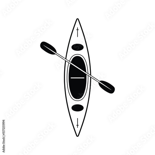 Top view black and white illustration of a kayak with a paddle