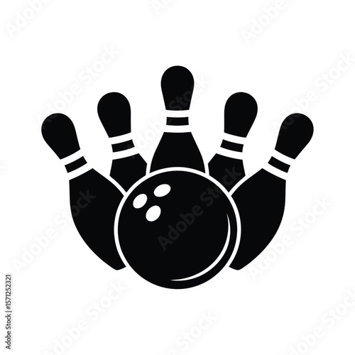 Black and white silhouette of a bowling ball and pins ready for a strike