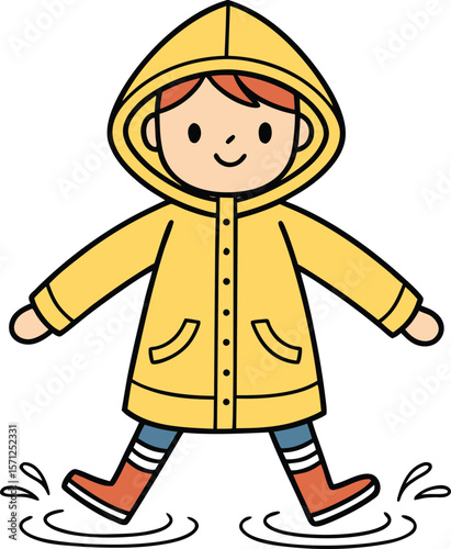 Cheerful child in yellow raincoat splashing in puddles hood boots