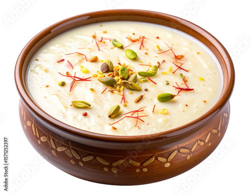 Traditional Indian Kheer Dessert in Bowl Isolated on White Background PNG