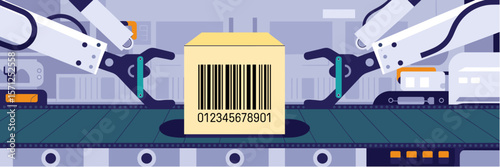 Barcode scanning pharmaceutical packaging on automated line, vector banner